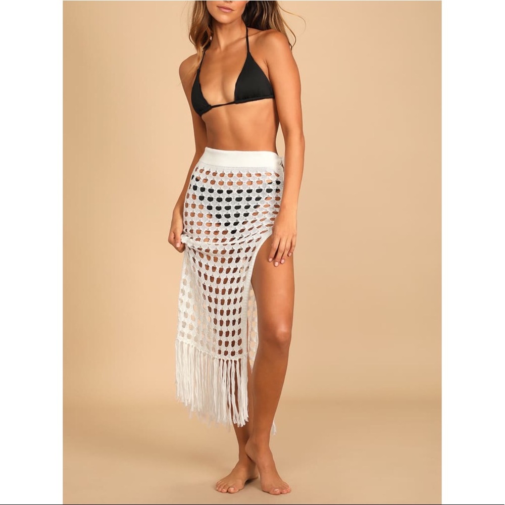 Lulu’s White Sheer Crochet Lace-Up Swim Cover-Up